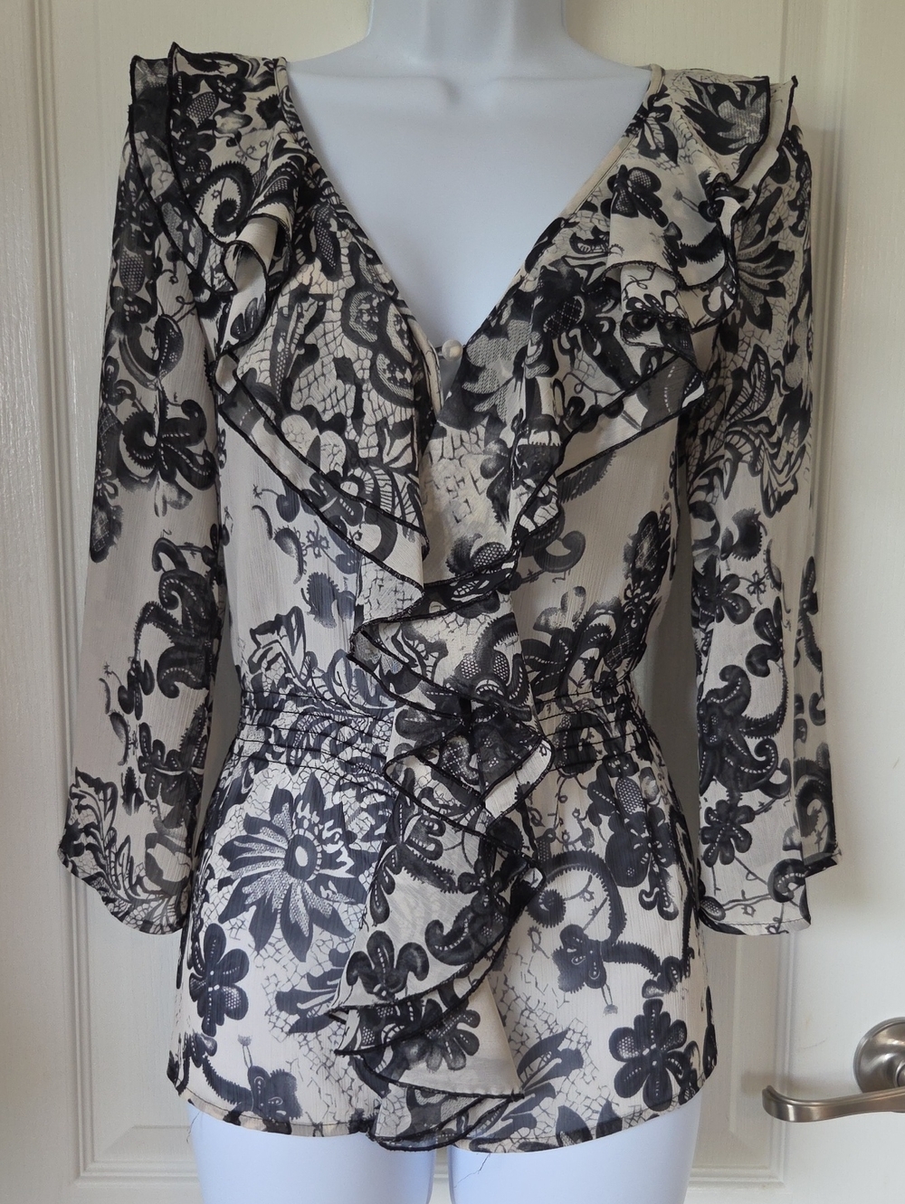 NY Collection Ruffle V Neck Sheer Top